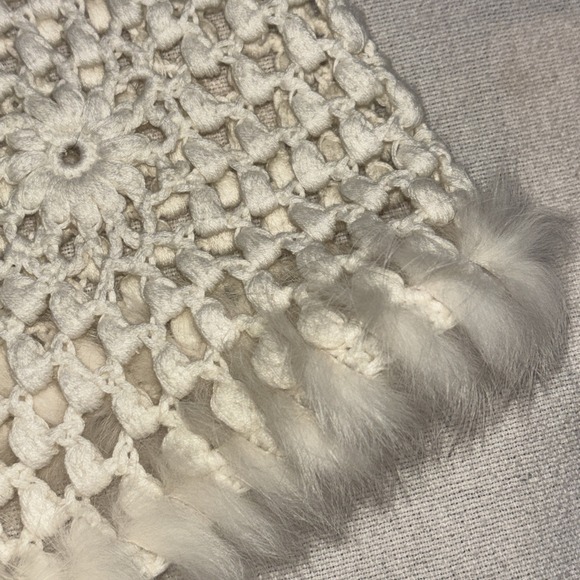 Vintage Women's Sz L Open Knit Cardigan Ivory Rabbit Fur Trim Boho Cottagecore - Picture 6 of 10